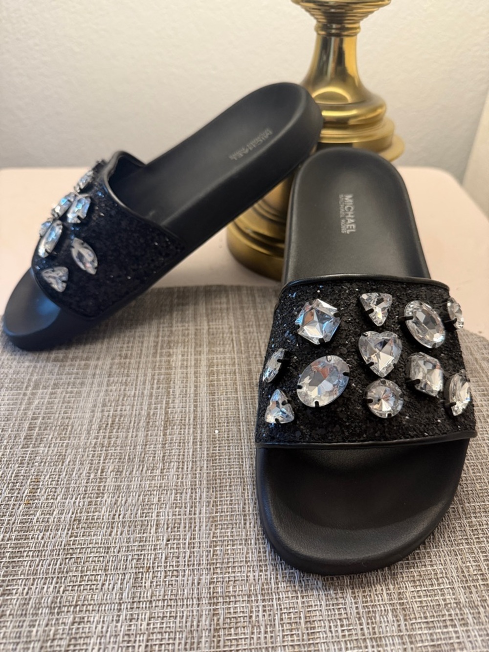 Michael Kors Black Crystal-Embellished Slide Sandals